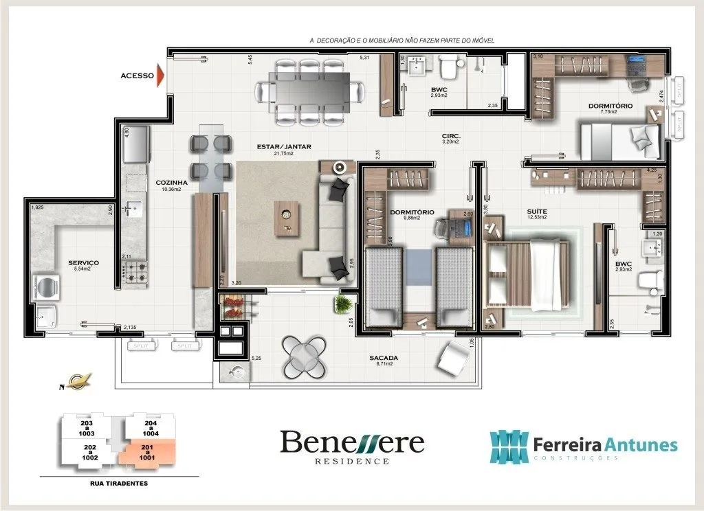 Planta Final 01 do Benessere Residence: 3 dormitórios, sendo 1 suíte