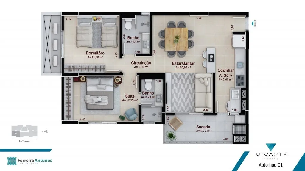 Planta Tipo 01 do Vivarte Residence: 2 dormitórios, sendo 1 suíte