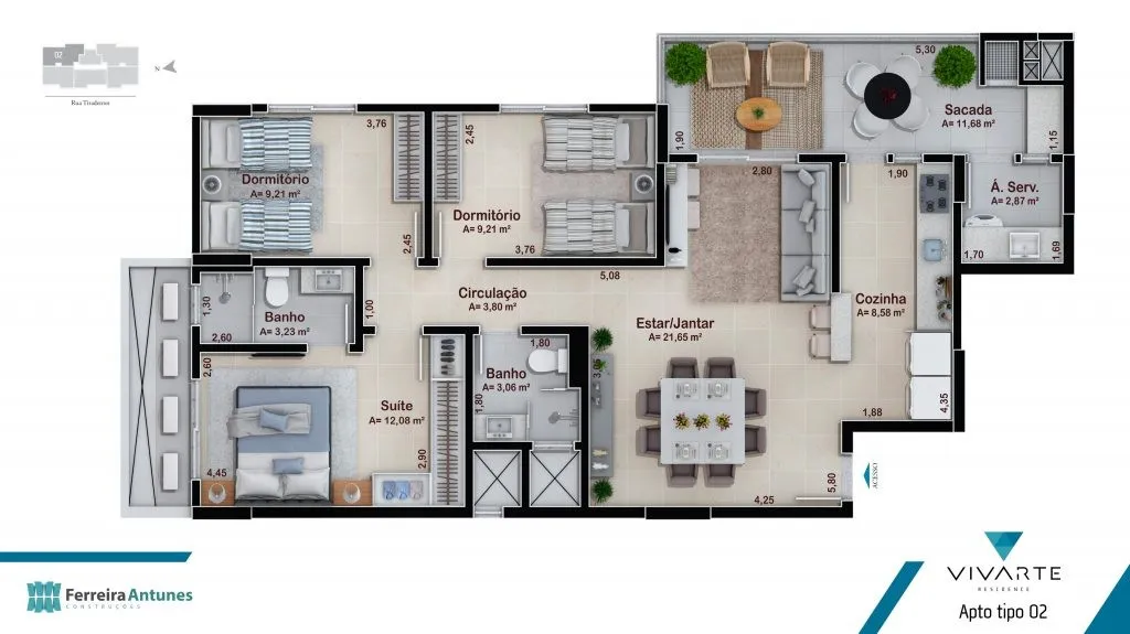 Planta Tipo 02 do Vivarte Residence: 3 dormitórios, sendo 1 suíte