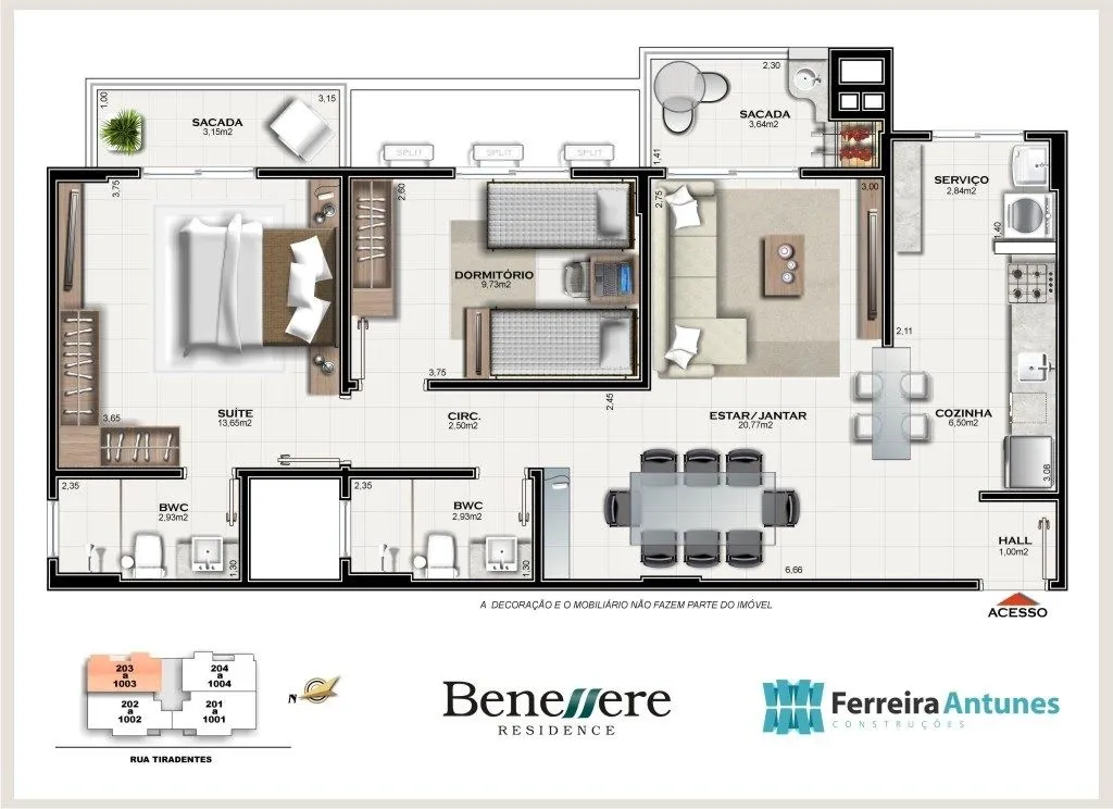 Planta Final 03 do Benessere Residence: 2 dormitórios, sendo 1 suíte