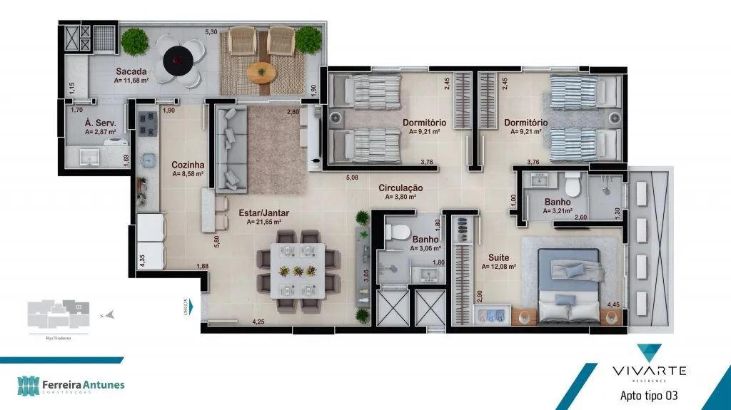 Planta Tipo 03 do Vivarte Residence: 3 dormitórios, sendo 1 suíte