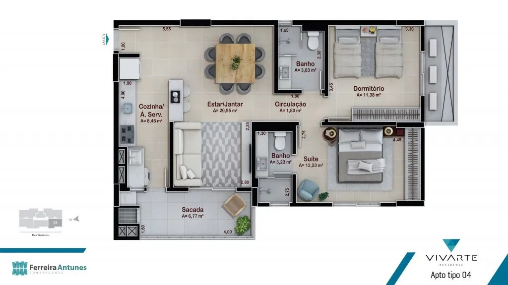 Planta Tipo 04 do Vivarte Residence: 2 dormitórios, sendo 1 suíte
