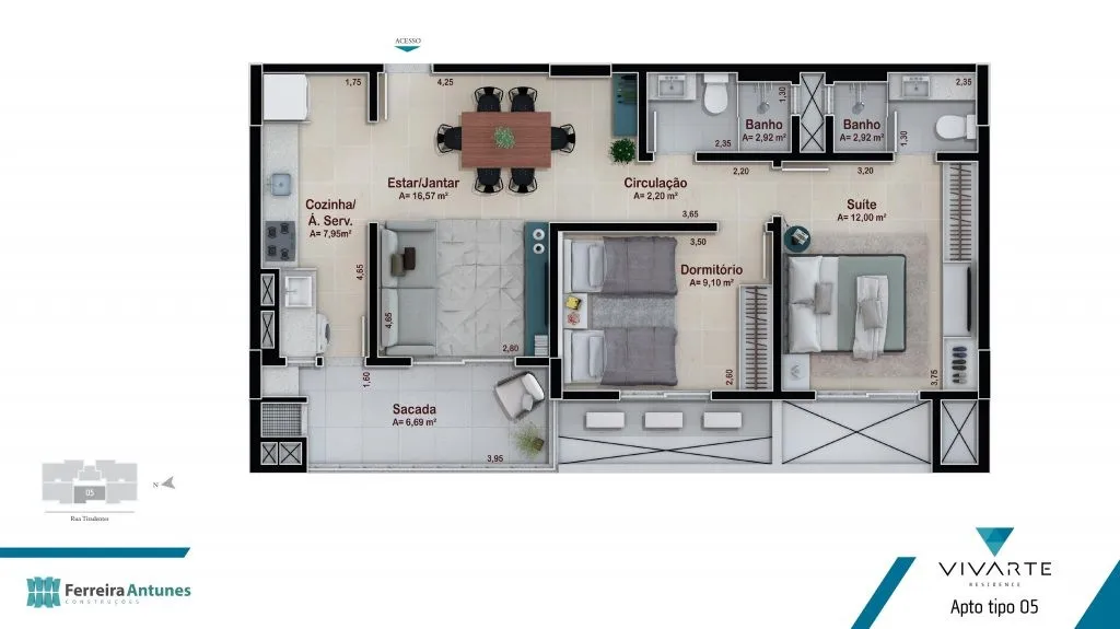 Planta Tipo 05 do Vivarte Residence: 2 dormitórios, sendo 1 suíte