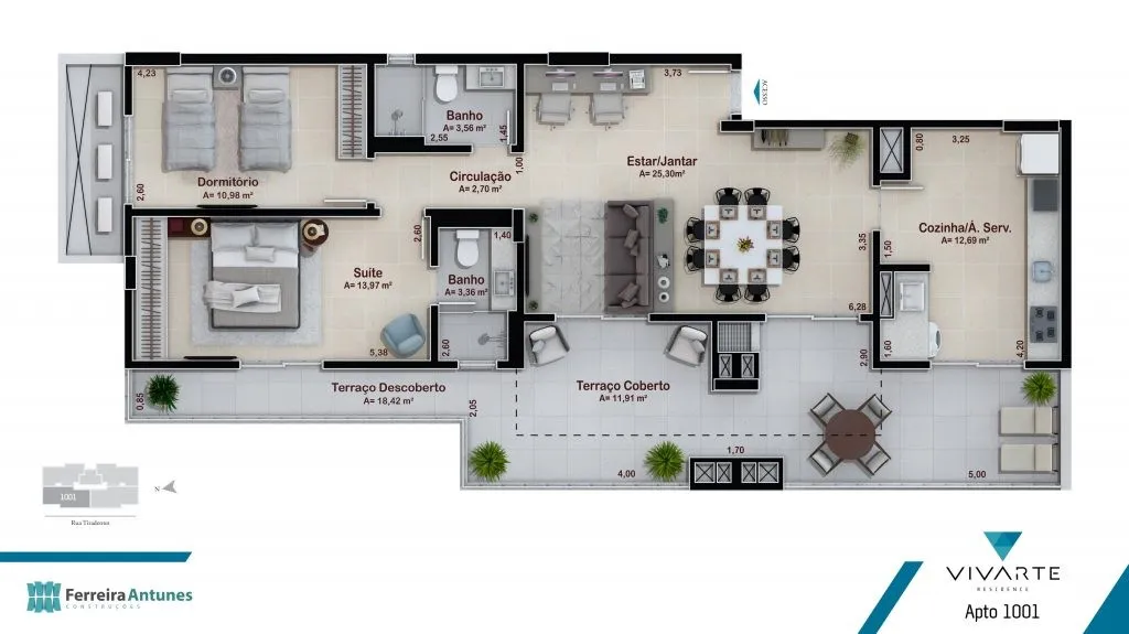 Planta Apto 1001 com terraço do Vivarte Residence: 2 dormitórios, sendo 1 suíte