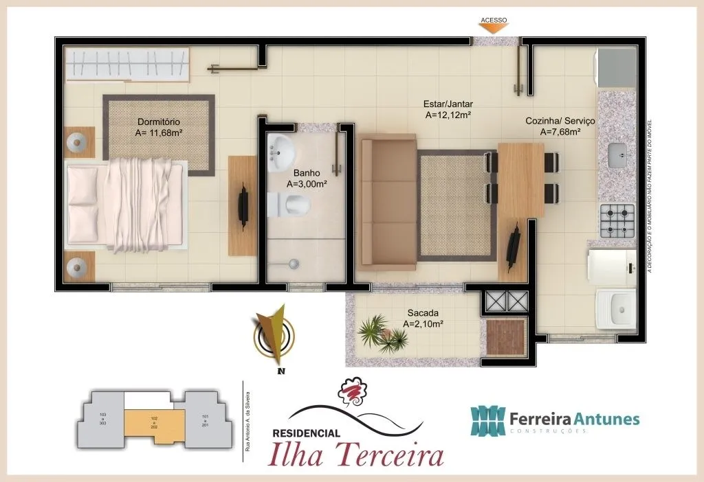 Planta Final 02 do Residencial Ilha Terceira: 1 dormitório
