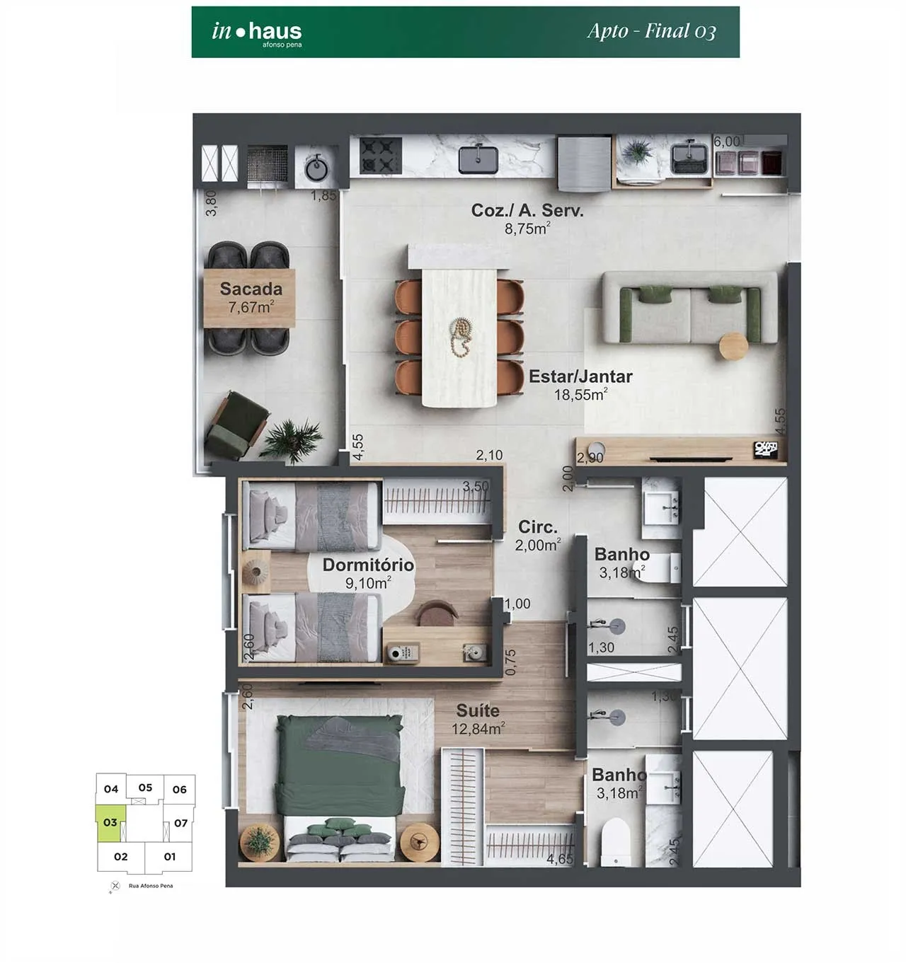 Planta Final 03 do In Haus Afonso Pena: 2 dormitórios, sendo 1 suíte