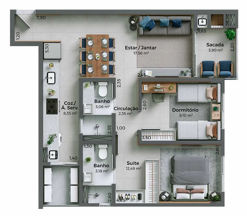 Planta Final 03 do My Hub Smart Living: 2 dormitórios, sendo 1 suíte