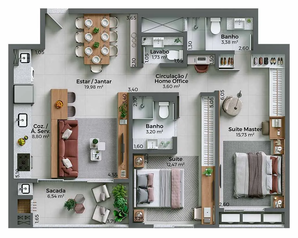 Planta Final 04 do My Hub Smart Living: 2 suítes + lavabo e home office