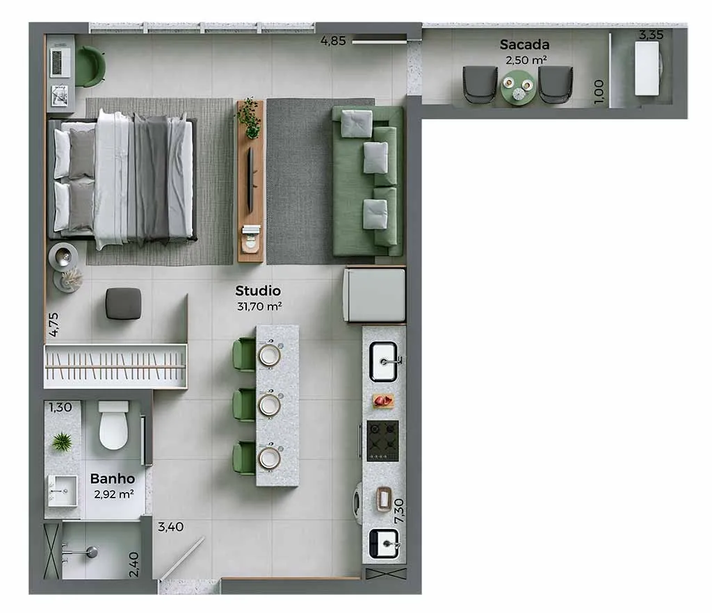Planta Final 08 do My Hub Smart Living: Studio com sacada
