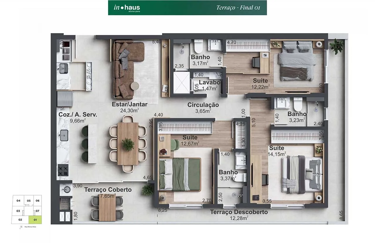 Planta Apto 301 com terraço do In Haus Afonso Pena: 3 suítes + lavabo