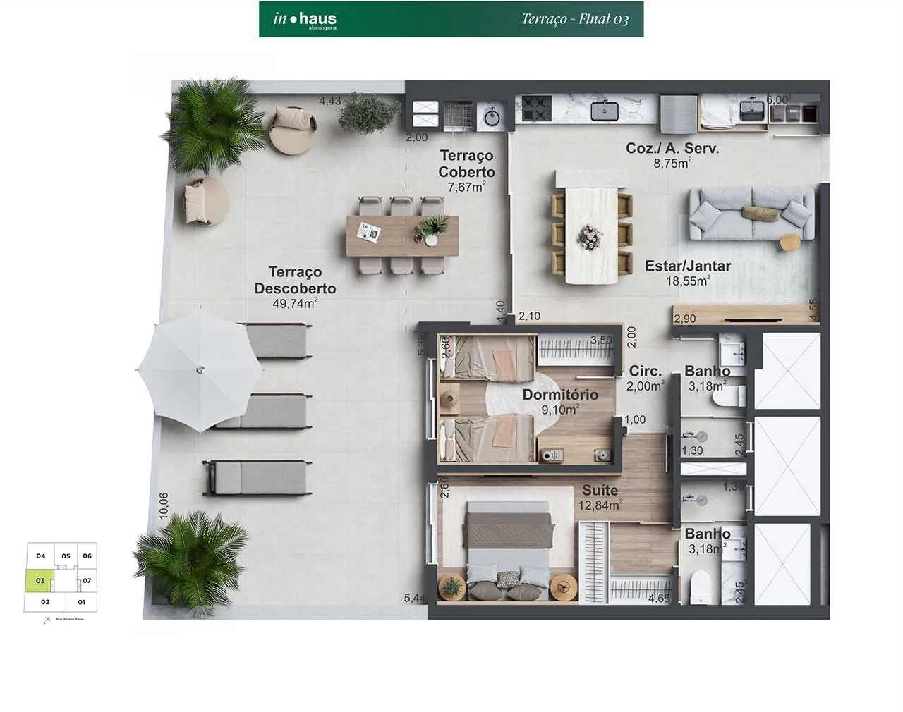 Planta Apto 303 com terraço do In Haus Afonso Pena: 2 dormitórios, sendo 1 suíte