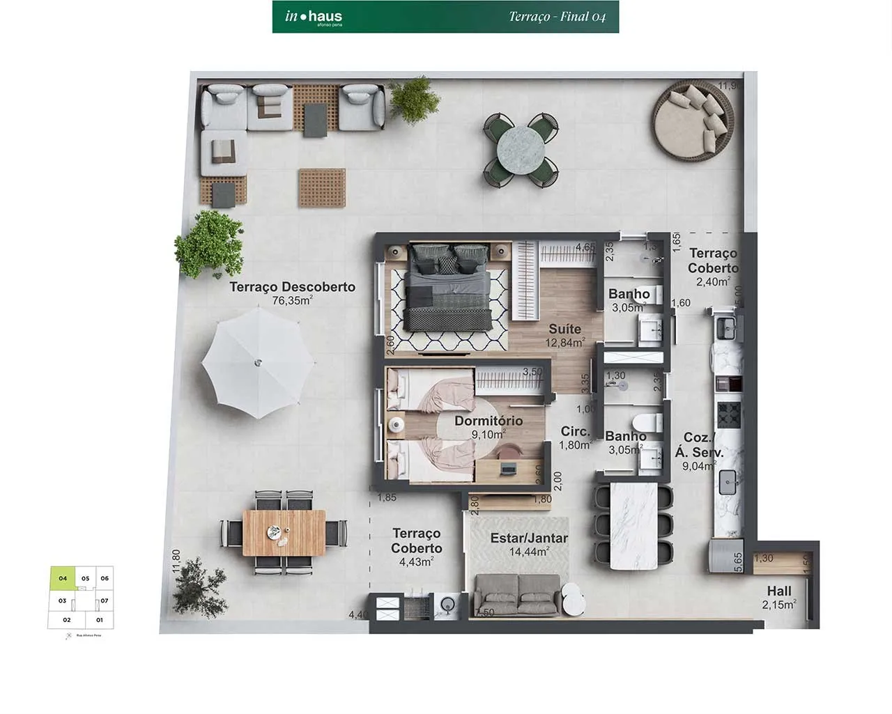 Planta Apto 304 com terraço do In Haus Afonso Pena: 2 dormitórios, sendo 1 suíte