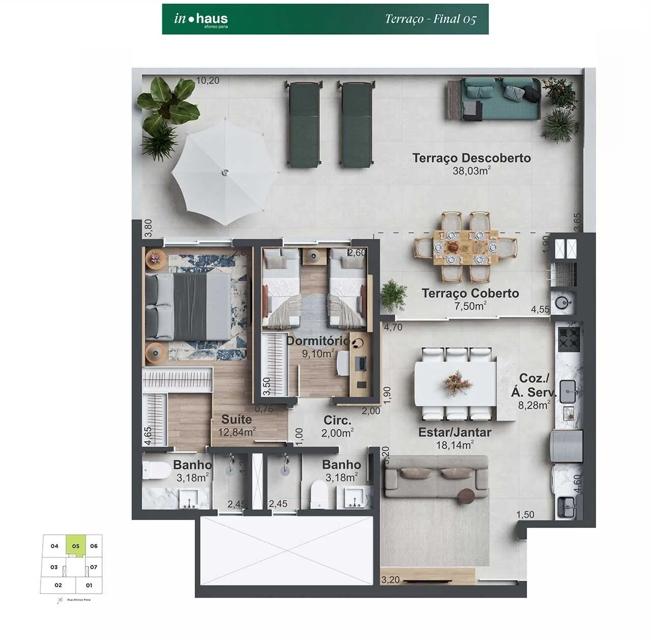 Planta Apto 305 com terraço do In Haus Afonso Pena: 2 dormitórios, sendo 1 suíte