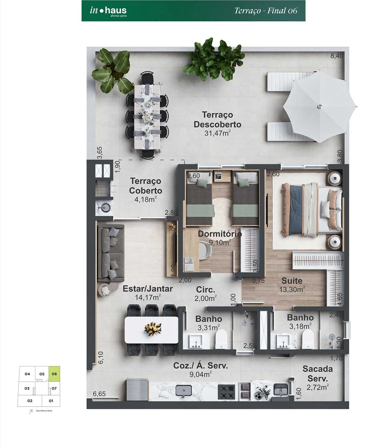 Planta Apto 306 com terraço do In Haus Afonso Pena: 2 dormitórios, sendo 1 suíte