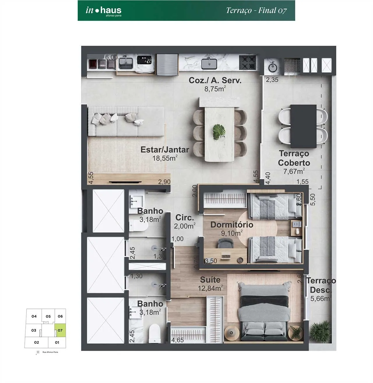 Planta Apto 307 com terraço do In Haus Afonso Pena: 2 dormitórios, sendo 1 suíte